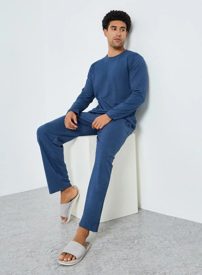 Styli  Men Navy Long Sleeve T-Shirt and Pyjama Set for Men | Best Price UAE